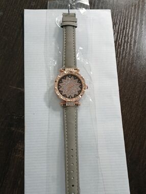 Elegant Rose Gold Floral Dial Women's Watch with Taupe Strap